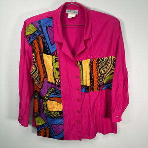 90's Vintage Colorblock‎ Pink Long Sleeve Blouse XL